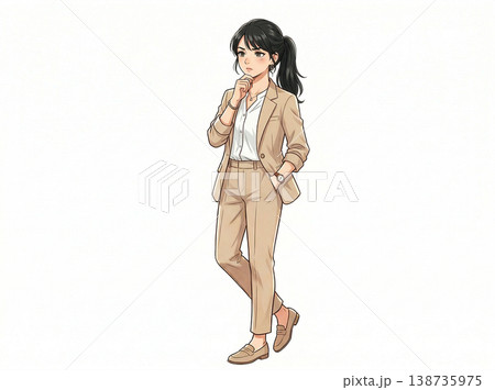 ベージュのスーツを着た女性　考えている表情　生成AI素材 138735975