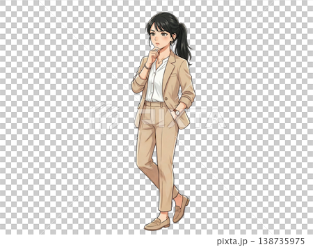 ベージュのスーツを着た女性　考えている表情　生成AI素材 138735975
