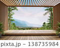 Modern wooden pavilion with vertical slats overlooking a mountain view 3d render. 138735984