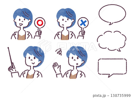 白衣を着た女性の表情バリエーションと吹き出しの線画イラストセット 138735999