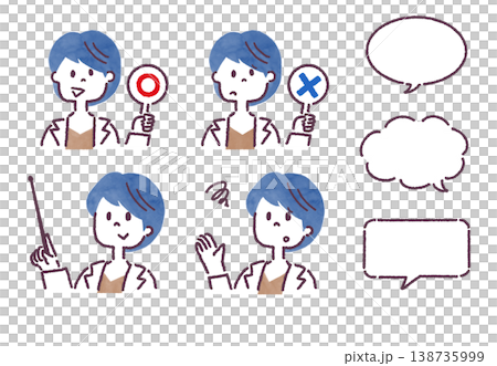 白衣を着た女性の表情バリエーションと吹き出しの線画イラストセット 138735999