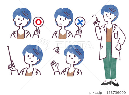 女性医師の全身とポーズバリエーションの線画イラストセット 138736000