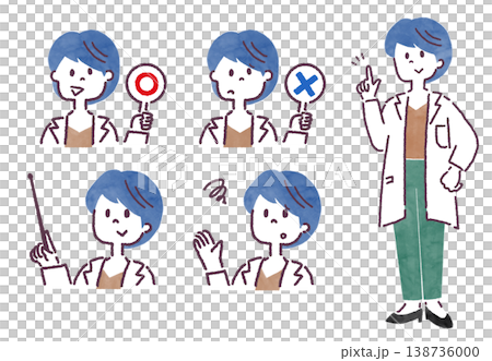 女性医師の全身とポーズバリエーションの線画イラストセット 138736000