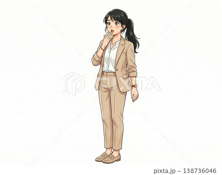 ベージュのスーツを着た女性　驚いた表情　生成AI素材 138736046
