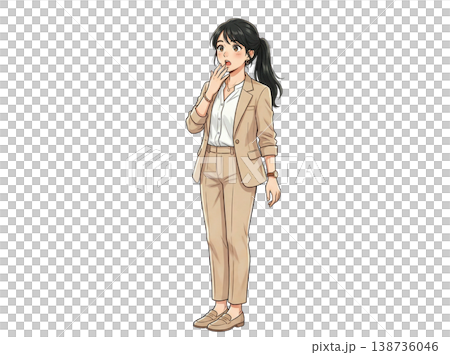 ベージュのスーツを着た女性　驚いた表情　生成AI素材 138736046