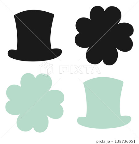 Dark and Green Silhouettes Quatrefoil and Leprechaun Hat St Patrick Day Minimal Flat Design Elements. Isolated Vector illustration Sticker Icon Print Materials Promo Banners, leaflets, media content 138736051