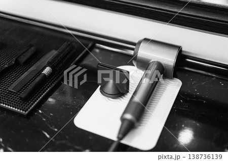 Professional Hair Styling Equipment In Place. Contemporary Salon Station With Drying And Styling Devices 138736139