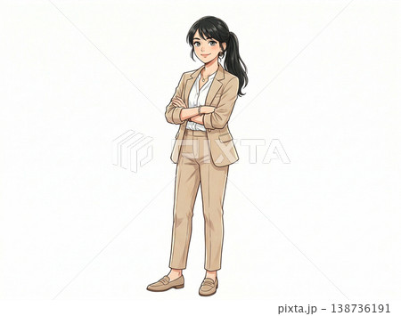 ベージュのスーツを着た女性　腕組みをしている　生成AI素材 138736191