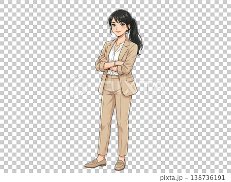 ベージュのスーツを着た女性　腕組みをしている　生成AI素材 138736191