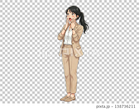 ベージュのスーツを着た女性　とても驚いた表情　生成AI素材 138736211