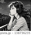 夜景を見つめるヘッドフォン少女【モノクロ漫画風イラスト】 138736235