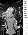 東京タワーの夜景を眺めるヘッドフォン少女【モノクロ漫画風イラスト】 138736236