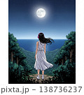 満月の夜、海を望む丘に立つヘッドフォン少女【AI生成イラスト】 138736237