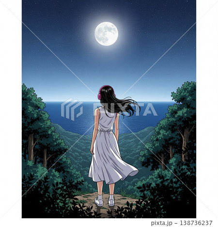 満月の夜、海を望む丘に立つヘッドフォン少女【AI生成イラスト】 138736237