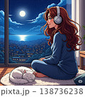 白猫と夜景を見つめるヘッドフォンのアニメ少女【AI生成イラスト】 138736238