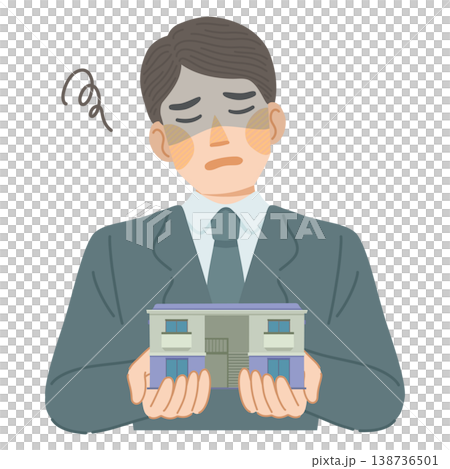 一幅插圖，描繪了一個穿著西裝的男人，他看起來很沮喪，似乎在抱怨住在公寓裡的種種弊端。 138736501