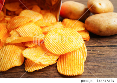 Potato chips in open bag, delicious BBQ seasoning spicy for crips, thin slice deep fried snack fast food. Potato chips in open bag, delicious BBQ seasoning spicy for crips, thin slice deep fried snack fast food. 138737813
