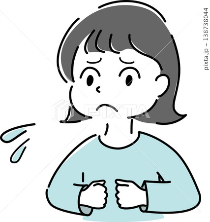 困った顔で両手を握り込む女性のシンプルイラスト(焦り・ストレス・不満・トラブル・心配・人物素材) 困った顔で両手を握り込む女性のシンプルイラスト(焦り・ストレス・不満・トラブル・心配・人物素材) 138738044