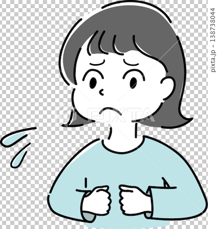 困った顔で両手を握り込む女性のシンプルイラスト(焦り・ストレス・不満・トラブル・心配・人物素材) 困った顔で両手を握り込む女性のシンプルイラスト(焦り・ストレス・不満・トラブル・心配・人物素材) 138738044