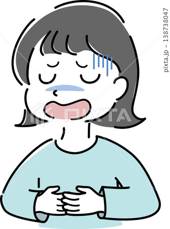 お腹を抱えて苦しそうな女性のシンプルイラスト( ストレス・不安・体調不良・説明・解説・人物素材) お腹を抱えて苦しそうな女性のシンプルイラスト( ストレス・不安・体調不良・説明・解説・人物素材) 138738047