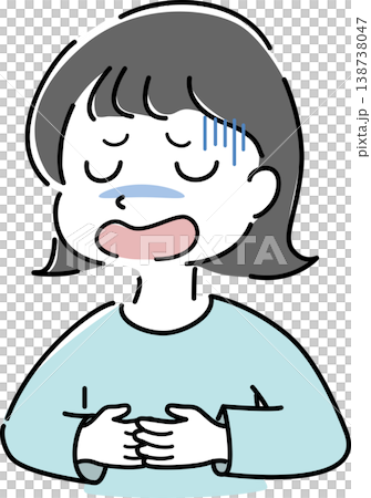 一幅簡單的插圖,描繪了一位女性因疼痛而摀住腹部(壓力、焦慮、健康狀況不佳、解釋、人物) 一幅簡單的插圖,描繪了一位女性因疼痛而摀住腹部(壓力、焦慮、健康狀況不佳、解釋、人物) 138738047