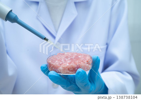 Scientist holding Petri dish with meat in science laboratory for food product development. Scientist holding Petri dish with meat in science laboratory for food product development. 138738104