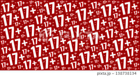 Red background with a diagonal pattern of white 17 plus age restriction symbols in various sizes. 138738134
