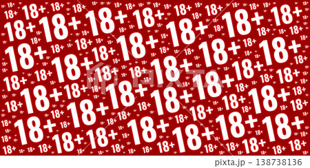 Red background with a diagonal pattern of white 18 plus age restriction symbols in various sizes. Red background with a diagonal pattern of white 18 plus age restriction symbols in various sizes. 138738136