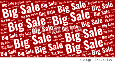 Seamless pattern of Big Sale text in various sizes on a vibrant red background. Perfect for retail promotions, advertising banners, and seasonal discount marketing materials. Seamless pattern of Big Sale text in various sizes on a vibrant red background. Perfect for retail promotions, advertising banners, and seasonal discount marketing materials. 138738159