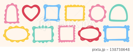 Frame border hand drawn cute set. Cute doodle frame border square, rectangle line photo picture shapes. Cartoon children kids bow scallop lace stamp retro vintage card. Vector 138738648