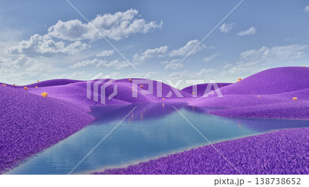 Surreal 3d illustration of rolling violet meadows, peaceful water stream with small golden bushes. Surreal 3d illustration of rolling violet meadows, peaceful water stream with small golden bushes. 138738652