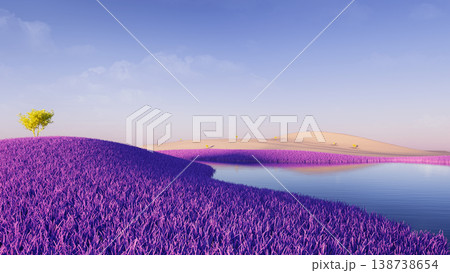 Surreal fantasy landscape featuring vibrant purple grass hills and calm blue lake. 138738654