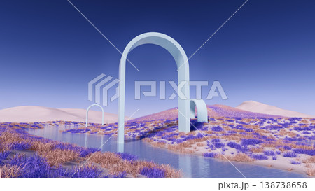 Futuristic 3d illustration featuring geometric arch structures in an alien environment Futuristic 3d illustration featuring geometric arch structures in an alien environment 138738658