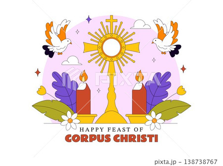 Corpus Christi Vector Illustration Featuring Holy Eucharist Chalice, Bread, Grapes, Cross, And Catholic Religious Feast Celebration Design 138738767