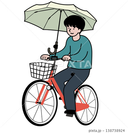 傘ホルダーを利用して自転車で傘差し運転をする人物のベクターイラスト 138738924