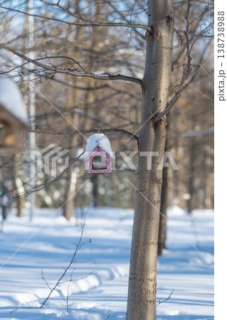 Tranquil snowcovered park illustrating wildlife care and seasonal kindness. Peaceful winter landscape featuring pastel birdhouse and blurred second feeder in background Tranquil snowcovered park illustrating wildlife care and seasonal kindness. Peaceful winter landscape featuring pastel birdhouse and blurred second feeder in background 138738988