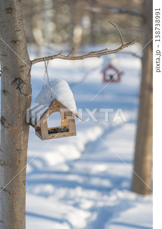 Winter birdhouse scene. Closeup of snowy birdhouse ambiance. Serene winter setting with snowcovered birdhouse. Rustic birdhouse with snow and tranquil seasonal atmosphere for cards 138738991