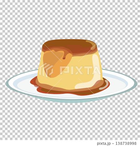 食べかけの、お皿にのったプリンのイラスト 138738998