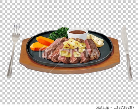 鐵板牛排（撒上蒜片），附餐具。 138739297