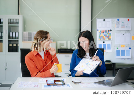 Woman people meeting team brainstorming on their project with laptop, smartphone and digital tablet. Woman people meeting team brainstorming on their project with laptop, smartphone and digital tablet. 138739707