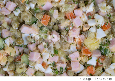 Balanced salad with ham and eggs. Prepared peas salad combining protein vegetables and ham. Nutritious weekly lunch salad with eggs potatoes and ham for quick meals Balanced salad with ham and eggs. Prepared peas salad combining protein vegetables and ham. Nutritious weekly lunch salad with eggs potatoes and ham for quick meals 138739746