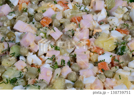 Closeup of textured ham vegetables. Macro shot emphasizing cubes and creamy dressing. Photographic perspective highlighting cube shapes and creamy textures in food composition Closeup of textured ham vegetables. Macro shot emphasizing cubes and creamy dressing. Photographic perspective highlighting cube shapes and creamy textures in food composition 138739751