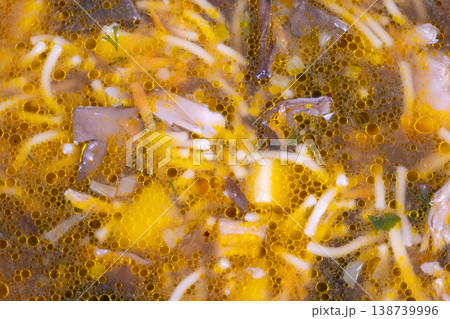 Homemade mushroom broth. Warm rustic soup with noodles. Simmering mushroom soup with potatoes and noodles. Cozy homemade mushroom stew with sliced mushrooms and tasty broth 138739996