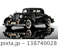 Elegant 1936 black vintage luxury car, a classic coupe with chrome details, perfectly reflected on a polished surface against a clean white background. Ideal for automotive history and style. 138740028