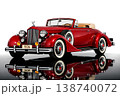 Stunning classic red 1936 vintage convertible car with chrome details and white wall tires, reflecting on a polished surface. A symbol of luxury, elegance, and automotive history 138740072