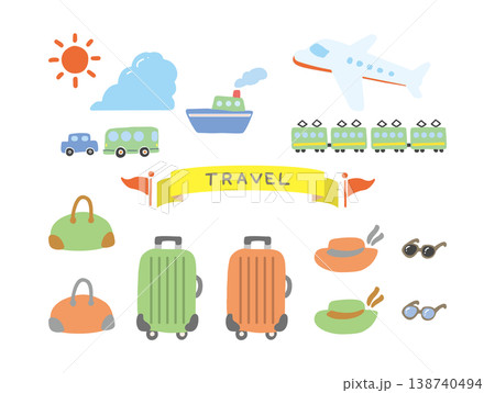 連休旅行や遠出イメージの乗り物と荷物のアイコンイラストセット 連休旅行や遠出イメージの乗り物と荷物のアイコンイラストセット 138740494