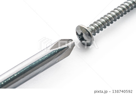 Construction screw and screwdriver on white isolated background Construction screw and screwdriver on white isolated background 138740592