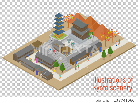 An isometric illustration of Sannenzaka and the five-story pagoda in Kyoto during autumn (autumn leaves and tourists). 138741066
