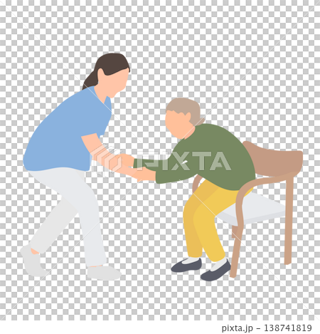 Caregivers assist elderly woman standing up from chair Caregivers assist elderly woman standing up from chair 138741819