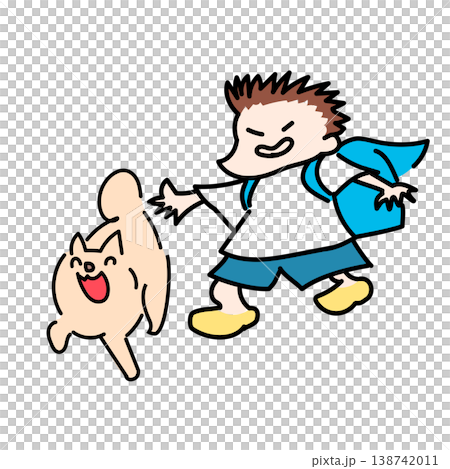 A mischievous elementary school student and his dog walk to school with their backpacks wide open. 138742011